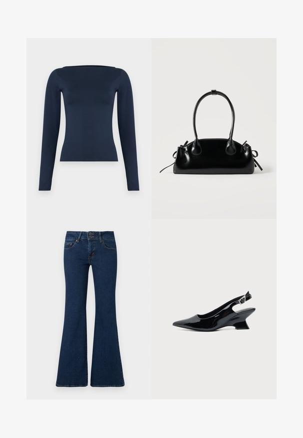Haut féminin bleu marine à manches longues, cintré, avec un large col bateau et une finition en tissu lisse et extensible.; Jean flare bleu foncé en denim, avec fermeture éclair et double bouton, poches avant et détails cousus le long des côtés.; Chaussure slingback en cuir verni noir avec bout pointu et petit talon bloc incliné sur fond clair uni.; Petit sac à main noir brillant avec deux longues anses et des détails à cordon sur les côtés sur un fond clair uni.