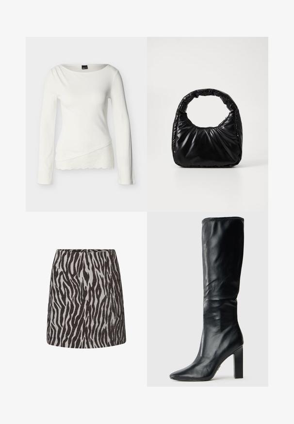 Hvid tætsiddende top med lange ærmer og asymmetrisk kant med blonder samt en let draperet halsudskæring, lavet af ribstrikket stof.; Mini nederdel med sort og grå zebra mønster, lige snit og en skjult lynlås bagpå.; Sorte læderknæhøje støvler med et elegant design, spids tå og firkantet høj hæl, der har en glat overflade og syet kant øverst.; Sort polstret håndtaske med et rundt håndtag, der har en glat, skinnende overflade og en blød, kviltet tekstur. Ingen synlige hardware eller accenter.