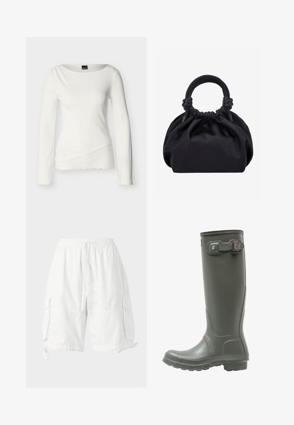 Hvid tætsiddende top med lange ærmer og asymmetrisk kant med blonder samt en let draperet halsudskæring, lavet af ribstrikket stof.; Hvide cargo shorts med elastik i taljen og snoretræk, med to sidelommer og justerbare kantbindinger. Fremstillet af letvægtsstof.; Grønne gummistøvler i knæhøjde med en tekstureret sål, rund tå, justerbar spænde på siden og glat finish.; Sort blød stofhåndtaske med samlet top og afrundede håndtag knyttet ved bunden mod en ensartet lys baggrund.