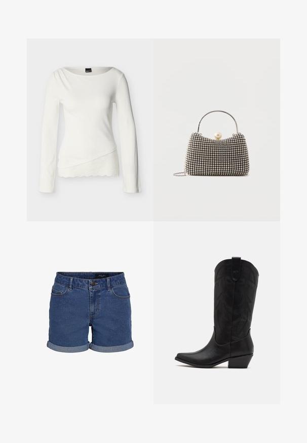 Wit, nauwsluitend, top met lange mouwen en asymmetrische zoom met kanten rand en een licht gedrapeerde halslijn, gemaakt van geribbelde stof.; Denim shorts in donkerblauw met een klassieke snit. Beschikt over opgerolde zomen, twee voorzakken en een knoopsluiting. Glad textuur.; Zwarte leren cowboylaars met spitse neus, lage gestapelde hak en een ingewikkeld geïmbossieerd bladerenpatroon op de schacht. Lus aan de bovenkant voor eenvoudig aantrekken.; Kleine handtas met zilverkleurig rasterpatroon, gebogen handvat, grote parel sluiting en een dunne zilveren kettingriem op een effen achtergrond.