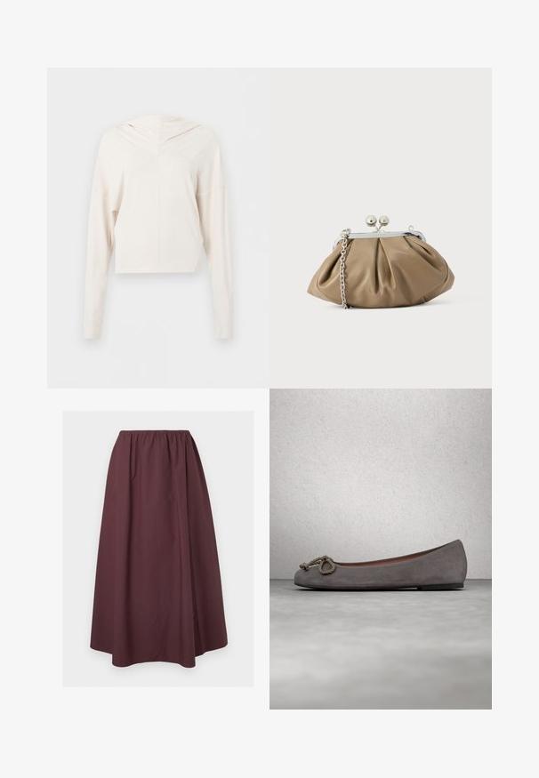 Sudadera corta de manga larga en crema con ajuste holgado y detalles de costuras mínimas, mostrada sobre un fondo liso.; Falda de color granate oscuro, hasta el tobillo, con cintura elástica recogida y detalle sutil de costura cerca del dobladillo, mostrada extendida sobre un fondo claro.; Bailarinas de ante gris con puntera redonda, adorno de cuerda anudada y un sutil ribete en contraste a lo largo del borde. Suela plana y flexible.; Clutch de cuero en beige suave con forma redondeada, textura plisada, cierre de broche plateado y una correa de cadena desmontable.