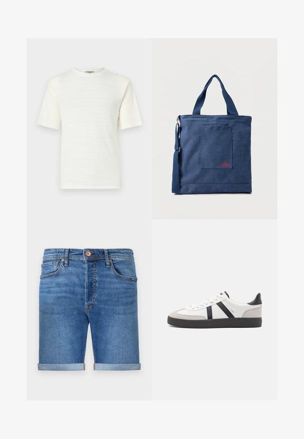 Hvid kortærmet T-shirt lavet af tekstureret stof med et subtilt vandret mønster. Rund hals design, afslappet pasform.; Denim shorts i en mellemmel tone med opkrøllede manchetter, fem-lomme design, messingknaplukning og kontraststing.; Hvide sneakers med sorte og grå detaljer, med en tekstureret grå tåhætte, sort gummisål og flade hvide snørebånd. Rent design, minimalistisk stil.; Blå lærredstote taske med frontlomme og rød "O.N.S" broderi, med to håndtag og en justerbar skulderrem.