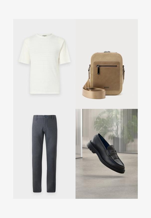 T-shirt blanc à manches courtes en tissu texturé avec un subtil motif horizontal. Motif col rond, coupe décontractée.; Pantalons gris texturé avec une coupe droite, dotés d'une taille à passants de ceinture, de poches avant et d'une fermeture à un seul bouton.; Mocassins noirs en cuir à finition lisse, avec une bride décorative et un panneau texturé à l'avant, ainsi qu'une semelle en caoutchouc texturée.; Petit sac bandoulière beige avec poche avant zippée, logo métallique ALDO, sangle large ajustable et forme rectangulaire arrondie sur fond blanc.