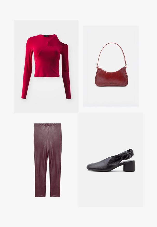 Rotes Langarmoberteil mit taillierter Passform, verfügt über einen asymmetrischen Schnitt an einer Schulter und einen glatten, dehnbaren Stoff.; Burgunderfarbene Leggings aus Kunstleder mit glatter Textur, hoher Taille und enganliegendem Design, das bis zu den Knöcheln reicht, ohne zusätzliche Details.; Schwarzer Leder-Slingback-Schuh mit abgerundeter Spitze, einem geknoteten Riemendetail und niedrigem Blockabsatz auf weißem Hintergrund.; Kleine glänzende dunkelrote Handtasche mit einem Riemen, silbernem Reißverschluss und "RAID"-Logo in der Mitte vorne.