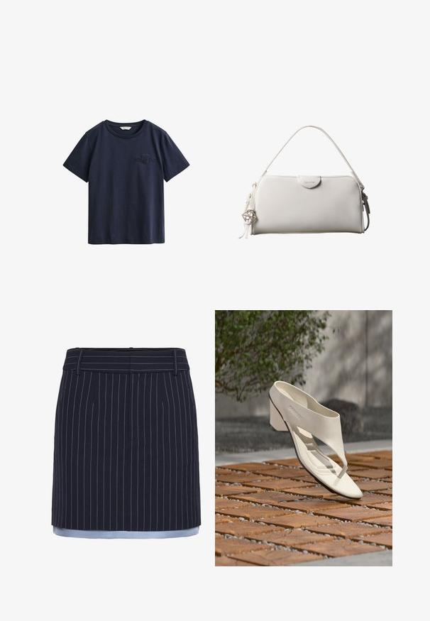 T-shirt en coton bleu marine à manches courtes avec un col rond et un petit logo GANT brodé sur la poitrine gauche.; Jupe bleu marine à rayures, avec une coupe droite, mettant en valeur des accents bleu clair au niveau de l'ourlet, fabriquée dans un tissu texturé et dotée d'une ceinture large.; Sandale à talon en cuir blanc avec une large bride et un entre-doigts, exposée en extérieur sur une surface carrelée en bois et en gravier avec de la verdure en arrière-plan.; Sac à main rectangulaire blanc Calvin Klein avec une seule poignée, design minimaliste et pampilles décoratives avec un charm métallique géométrique sur le côté.