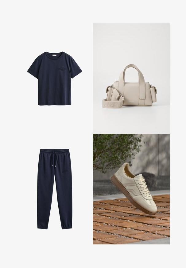 Camiseta de algodón azul marino de manga corta con cuello redondo y pequeño logo bordado de GANT en el pecho izquierdo.; Pantalones deportivos azul marino con cintura elástica, cordón, bolsillos laterales, piernas estrechas y un sutil logo bordado en el muslo derecho.; Zapatilla de color crema con suela de goma beige texturizada, diseño con cordones y sutiles detalles de marca en el lateral. Parte superior de cuero liso.; Bolso beige con diseño estructurado, hecho de material sintético. Cuenta con dos asas superiores, una correa para el hombro desmontable y un bolsillo con cremallera.