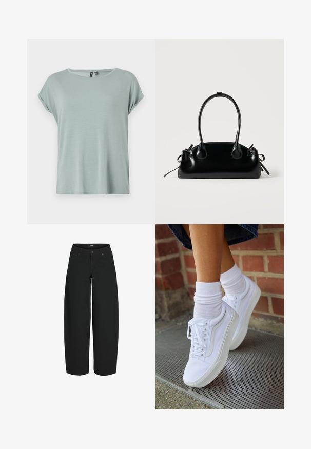 Lys grøn T-shirt med en afslappet pasform, korte omviklede ærmer og rund halsudskæring. Blød, glat tekstur med et let løst design.; Sorte vidde-korte jeans med knap- og lynlåslukning foran, lommer foran og bagpå samt mærket bæltelabel.; Hvide lærreds sneakers med gummisåler, der har seks snørehuller, rund tå og let sømdetaljer, krydret med hvide ankelstrømper.; Lille sort blank håndtaske med to lange håndtag og snøre-detaljer i siden på en ensfarvet lys baggrund.