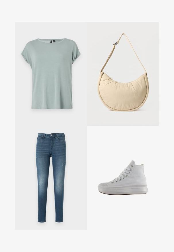 Hele roheline T-särk, millel on mugav lõige, lühikesed rullitud varrukad ja ümar kaelus. Pehme, siledat tekstuuri ja veidi lõtv disain.; Sinine denimpüksid kitsas lõikega, millel on pleekinud alad, viis taskut ja nööbikinnitusega. Kanga pind on sile ja veidi kulunud.; Valged kõrged teksakingad valgete paelte, metallist aukudega, paksu kummist tallaga ja tekstureeritud varbaküljega, suunatud vasakule valgel taustal.; Beež poolkuukujuline õlakott pehme, polsterdatud tekstuuriga. Varustatud reguleeritava rihma ja peal serval oleva tõmblukuga.
