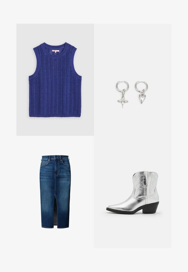 Gestricktes ärmelloses Top in lebhaftem Lila, mit einem strukturierten Muster, rundem Ausschnitt und gerippten Kanten.; Dunkelblauer Jeans-Midirock mit vorderem Schlitz, Knopfverschluss, Gürtelschlaufen und Fronttaschen.; Silberne Leder-Cowboystiefel mit spitz zulaufender Zehenpartie, gestickten Details am Schaft und einem moderaten schwarzen Absatz. Glatte und glänzende Oberfläche.; Silberne Creolen mit einem Kreuz- und Herz-Anhänger. Glatte, glänzende Textur mit polierter Oberfläche. Jeder Anhänger hängt an einem sicheren Ring.