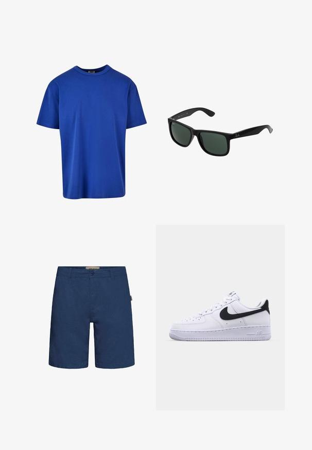T-shirt en coton bleu royal avec un col rond et des manches courtes. Texture lisse, coupe décontractée, sans motifs ni logos visibles.; Shorts bleu marine en tissu à texture lisse, dotés d'une fermeture à bouton et d'une poche avant, coupés juste au-dessus du genou.; Sneaker en cuir blanc avec un Swoosh noir texturé, des lacets plats et une semelle en caoutchouc avec un motif strié. "AIR" est embossé sur le talon.; Lunettes de soleil en plastique noir avec des verres verts, présentant une monture carrée, une finition lisse et le logo Ray-Ban bien visible sur les branches.