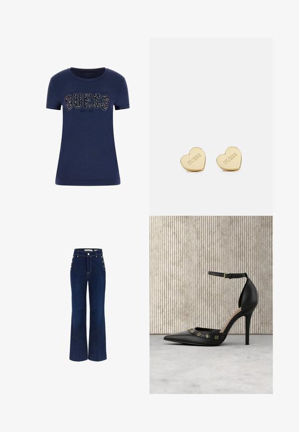 Marineblå T-shirt med korte ærmer med "GUESS" i rhinsten og "EST. 1981" trykt nedenunder på forsiden.; Mørkeblå bredbenede jeans med høj talje, der har knapdetaljer på siderne og en glat denimtekstur.; Sort læder pumphøjhælede sko med spids tå, ankelrem og guldfarvede udsmykninger hen over overdelen. Glat tekstur.; Guld hjerteformede øreringe med en poleret finish, præget "GUESS"-logo og glat tekstur. Enkel design, velegnet til forskellige anledninger.