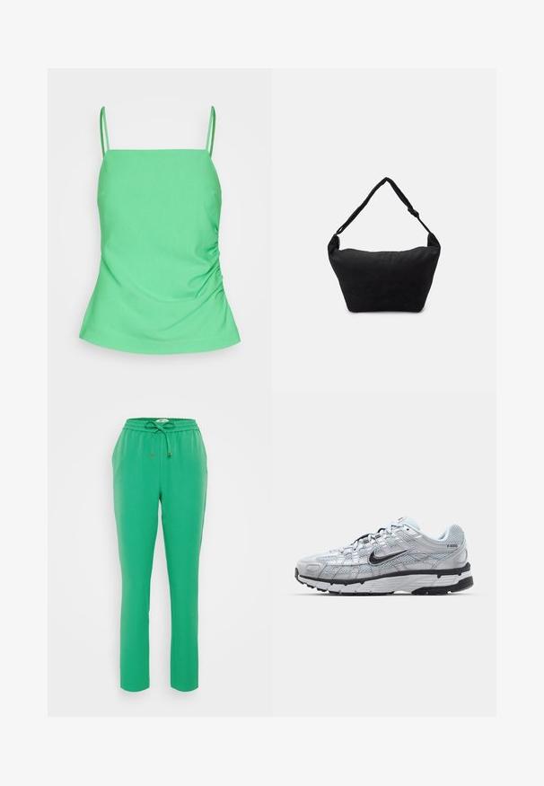 YAS YASATLANTA - Top - poison green; Zelené jogger nohavice s elastickým pásom, šnúrkou na stiahnutie, bočnými vreckami a zúženým strihom nohavíc. Hladká, ľahká textúra látky.; Tenisky Nike P-6000 s vrchným materiálom z jemnej šedej sieťoviny, čiernymi akcentmi a odolnou čiernou gumovou podrážkou. Obsahujú jemný dizajn a systém šnurovania.; Čierna textilná ramenná taška s mäkkým štruktúrovaným povrchom, zaobleným tvarom a jedným popruhom. Minimalistický dizajn bez viditeľného hardvéru alebo akcentov.