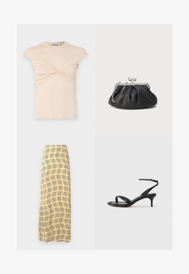 T-shirt couleur crème avec un décolleté rond, des manches courtes et un détail torsadé à l'avant. Texture lisse avec un fronce vertical sur les côtés.; Rabanne Jupe longue - green/yellow/cream; Sandale pour femme en cuir noir avec fines lanières, une boucle d'orteil, une boucle à la cheville et un talon aiguille de hauteur moyenne sur un fond neutre.; Porte-monnaie en cuir noir avec texture froncée, cadre en métal argenté, fermeture à verrouillage kiss-lock et bandoulière en chaîne. Surface lisse et douce.