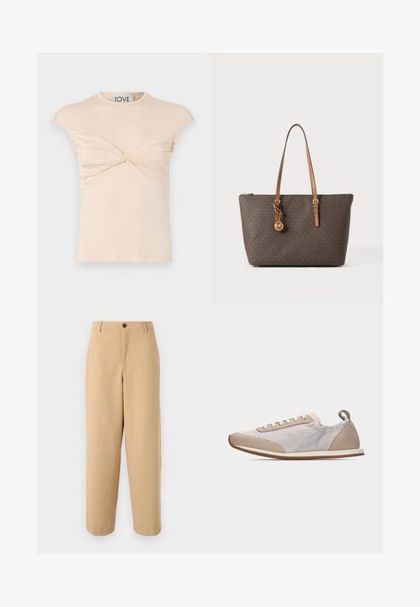 T-shirt couleur crème avec un décolleté rond, des manches courtes et un détail torsadé à l'avant. Texture lisse avec un fronce vertical sur les côtés.; CLOSED WRENNA - Pantalon classique - urban beige; Baskets beige clair avec lacets blancs, accents en daim au bout et au talon, côtés en tissu doux, et semelle fine en caoutchouc couleur tabac, vue de côté.; Sac cabas Michael Kors marron avec motif monogramme, anses réglables couleur sable, breloque logo dorée et fermeture zippée sur le dessus.