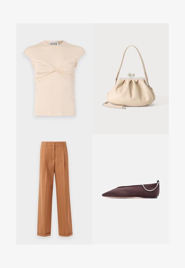 T-shirt couleur crème avec un décolleté rond, des manches courtes et un détail torsadé à l'avant. Texture lisse avec un fronce vertical sur les côtés.; Pantalons bruns à rayures fines avec une conception sur mesure, featuring des plis, une coupe droite et un ourlet retroussé. Fabriqués dans un tissu lisse.; Chaussure plate marron foncé à bout pointu avec un petit talon et un détail chaîne en strass argentée à l'arrière.; Sac à main en cuir souple beige avec un fermoir en métal argenté, une bandoulière simple et une bandoulière chaîne optionnelle sur fond blanc.