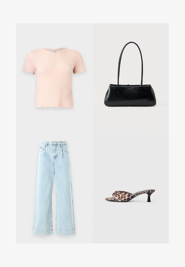 Blouse à manches courtes, rose clair texturée, avec un col rond et un ourlet légèrement festonné, présentée sur un fond uni.; Jeans larges en denim bleu clair, avec une taille haute, des poches avant et des accents cousus à l'ourlet.; Mules en imprimé léopard avec un petit talon aiguille noir. Tige en tissu doux avec un détail de nœud à l'avant et une semelle plate lisse.; Sac à épaule rectangulaire noir avec de longues bretelles fines et une texture lisse et brillante sur un fond uni.