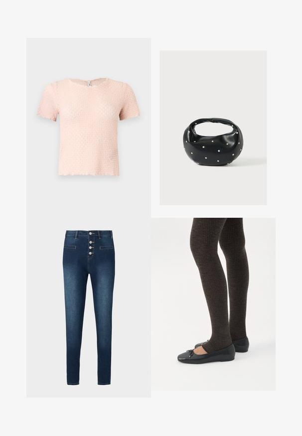 Blouse à manches courtes, rose clair texturée, avec un col rond et un ourlet légèrement festonné, présentée sur un fond uni.; Jean en denim bleu foncé avec une taille haute, une fermeture à cinq boutons et deux poches avant. Texture lisse avec des détails de couture contrastants.; Jambes portant des leggings côtelés foncés associés à des ballerines noires avec de petits détails en nœud sur fond blanc.; Sac à main en cuir noir de forme arrondie, décoré de clous argentés et équipé d'une poignée courte. Texture lisse et fermeture éclair.