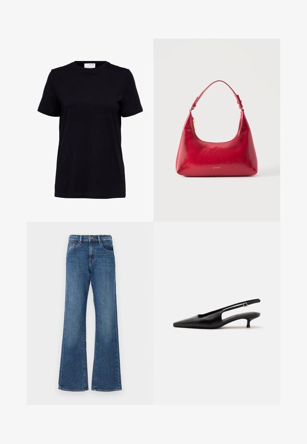 Sort kortærmet t-shirt med rund halsudskæring, lige kant og en hvid label på bagsiden indeni kraven.; Blå denim flared jeans med høj talje, der har fem lommer og knaplukning. Stofmet har en let falmet finish.; Sort læder slingback sko med spids tå og lav lille hæl på en ensartet lys baggrund.; Rød læder skuldertaske med guld lynlås og justerbar rem, Calvin Klein-logo centreret foran.