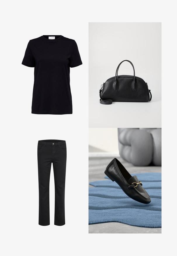 Sort kortærmet t-shirt med rund halsudskæring, lige kant og en hvid label på bagsiden indeni kraven.; Sorte denimbukser med lige ben-design, der har to frontlommer og en enkelt metalknap ved taljen. Glat tekstur.; Sort læderloafer med guldbeslag flydende over et tekstureret blåt tæppe, blød grå pude sløret i baggrunden.; Sort læder håndtaske med rund form, dobbelte top håndtag, tekstureret overflade og aftagelig skulderrem. To hexagonale detaljer på siderne.