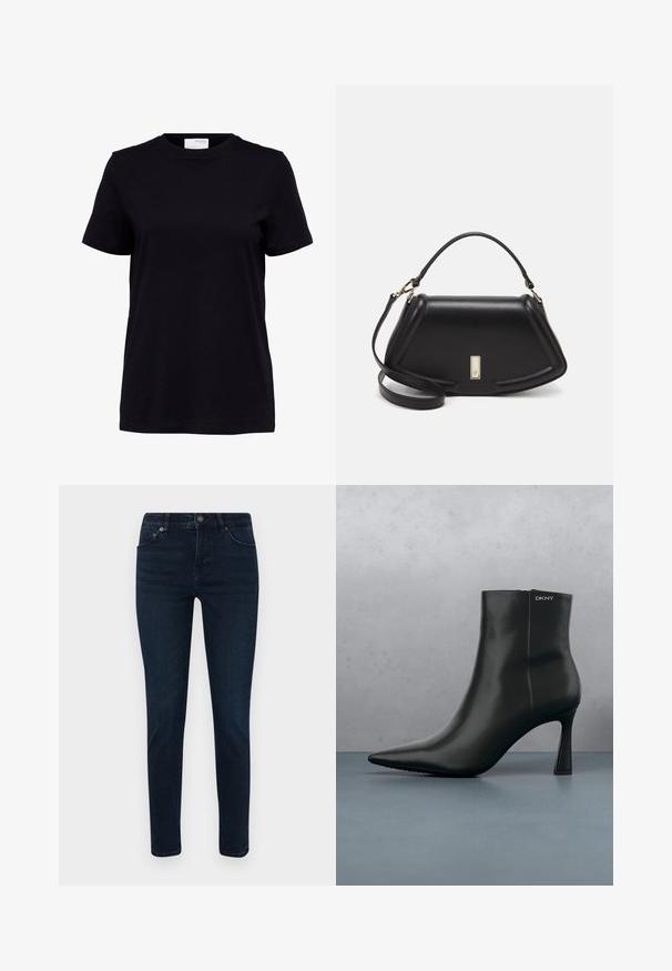 Zwart T-shirt met korte mouwen en een ronde hals, rechte zoom en een wit label aan de achterkant binnenin de kraag.; Donkerblauwe denim jeans met een smalle pasvorm, voorzien van een vijf-pocketontwerp, een knoopsluiting en subtiele stikseldetails. Gladde textuur overal.; Zwarte leren enkellaars met spitse neus en een geometrische hak. Heeft subtiele branding en een gladde textuur. De achtergrond heeft getextureerde tegels.; Zwarte leren handtas met een gestructureerd ontwerp, featuring een verkorte vorm, bovenhandvat en gouden hardwareaccent. Inclusief verstelbare schouderband.
