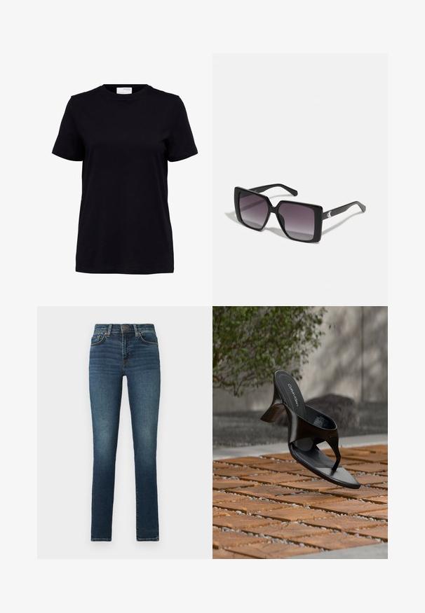 Schwarzes T-Shirt mit kurzen Ärmeln und Rundhalsausschnitt, geradem Saum und einem weißen Etikett auf der Rückseite innen im Kragen.; Dunkelblaue Denim-Jeans mit leicht verwitterter Vorderseite. Verfügt über ein klassisches Fünf-Taschen-Design und einen Reißverschluss mit Knopfverschluss.; Schwarze Calvin Klein Riemchensandale mit Absatz, schwebend über einer gefliesten Außenfläche mit Grünpflanzen und einer Betonwand im Hintergrund.; Schwarze quadratische Sonnenbrillen mit grauen Verlaufslinsen. Glänzende Rahmen mit klaren Linien. Silbernes Logo-Detail an den Schläfen.