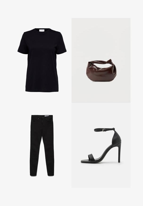 Sort kortærmet t-shirt med rund halsudskæring, lige kant og en hvid label på bagsiden indeni kraven.; Sorte skinny jeans lavet af denimstof, med klassisk design med fem lommer, lynlås og diskrete syningsdetaljer.; Sort højhælet sandal med et sleek design, der har en ankelrem, åben tå og glat lædertekstur.; Mørkebrun læder skuldertaske med en blød, afslappet form og et snoet knudehåndtag på en ensartet hvid baggrund.