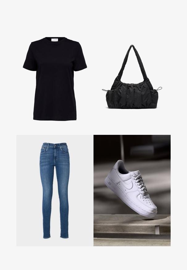 Sort kortærmet t-shirt med rund halsudskæring, lige kant og en hvid label på bagsiden indeni kraven.; Skræddersyede blå jeans lavet af denim. De har en høj talje, fem-lomme design og metalknaplukning. En ensfarvet model med let falmede detaljer.; Hvid Nike Air Force 1 sneaker svævende over en betonoverflade med skygger i et minimalistisk miljø.; Sort stof handbag med samlede strukturer, to skulderremme og snorelukning i siderne. Glat, let materiale.