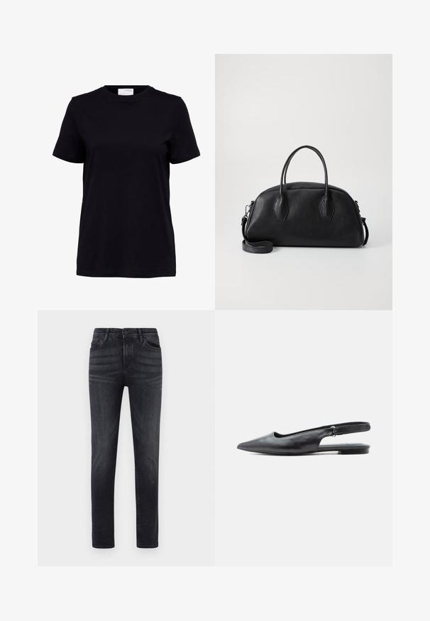 Zwart T-shirt met korte mouwen en een ronde hals, rechte zoom en een wit label aan de achterkant binnenin de kraag.; Zwarte denim jeans met een rechte pasvorm. Voorzien van vijf zakken, een knoopsluiting en lussen voor de riem. De stof heeft een gladde textuur en een lichte stretch.; Zwart leren platte schoen met spitse neus, slingback en lage hak met verstelbare riem op lichte achtergrond.; Zwarte leren handtas met een ronde vorm, dubbele handvatten aan de bovenkant, gestructureerd oppervlak en een afneembare schouderband. Twee hexagonale accenten aan de zijkanten.