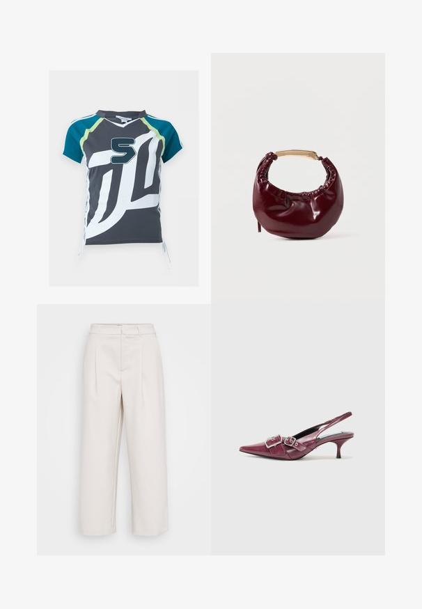 Camiseta deportiva gris de manga corta con gran estampado abstracto blanco, mangas azul verdoso con detalles verde lima y un llamativo número 5 en el pecho.; Pantalones beige de pierna ancha con un diseño a medida, con pliegues en caja, textura suave y una pretina estándar.; Zapato de charol burdeos tipo slingback con puntera afilada, tacón pequeño y acentos de doble hebilla. Textura lisa con detalles de costura.; Bolso de mano de piel sintética burdeos con forma redondeada, detalles fruncidos y un asa de metal dorado. Textura suave y acabado brillante.