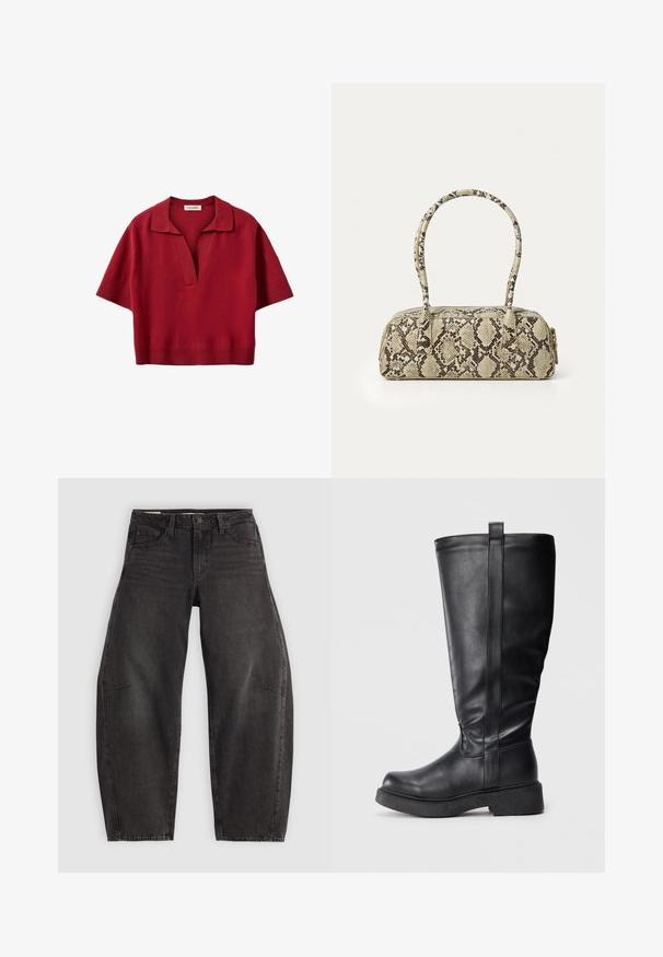 Rød kortærmet top med polo-krave, der har en dyb V-halsudskæring og et struktureret strikstof. Kanten er lidt bredere i bunden.; Sorte denim jeans med en afslappet pasform, der har fem lommer, knaplukning og subtil fading. Stoffet har en glat, robust tekstur.; Sorte knæhøje støvler lavet af glat læder med rundet tå, flad sål og en lodret sømdetalje langs siden.; Beige og brun taske med slange-mønster i en rektangulær form, dobbelt top-håndtag og lynlås lukning. Tekstureret læderoverflade.