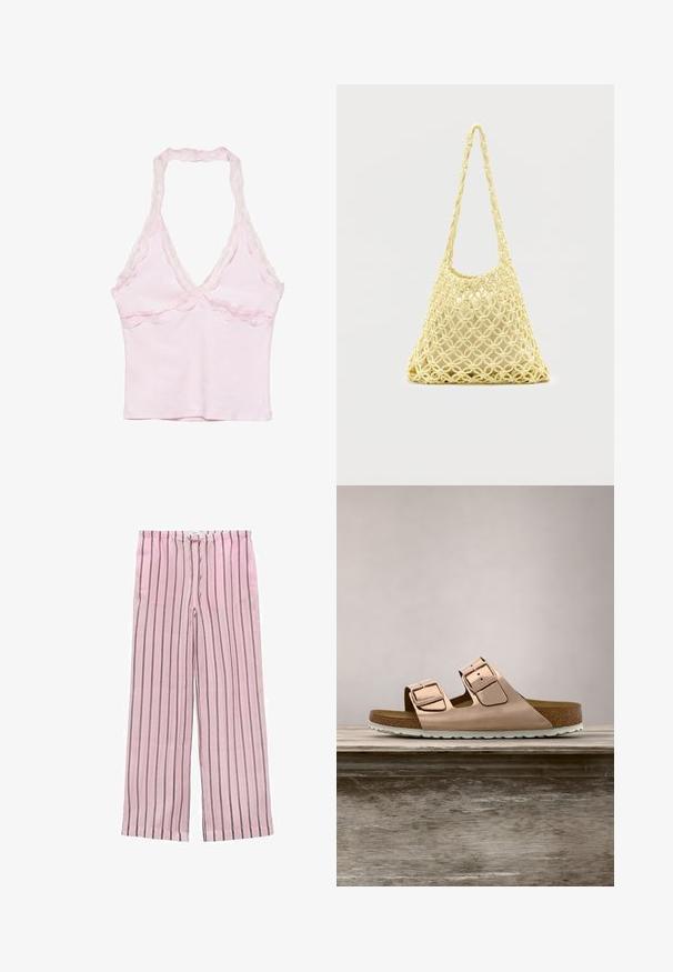 Lyserød halterneck camisole med blondekant langs udskæringen og under brystet, tætsiddende ærmeløs design.; Lyserøde stribede bredbenede bukser med sorte og grå lodrette striber. Fremstillet af letvægtsstof og med en elastisk talje for komfort.; Rosenfarvede slidesandaler i metal med to justerbare metalspænder, korkfodbed og hvid gummisål. Glat metalfinish, åben tå-design.; Gul makramé-nettaske med lang rem og beige pose indeni, vist på en ensartet hvid baggrund.