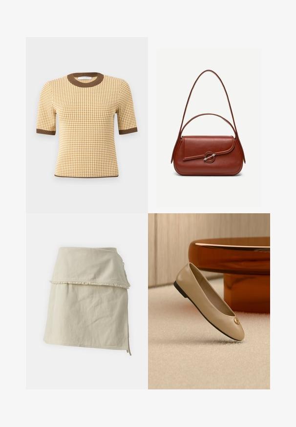 Striktop med korte ærmer i brun og creme farvet hundetandmønster, brun ribbet krave, ærmekanter og kant forneden.; Beige indpakningsskørter lavet af bomuld, med lagdelt design, frynset kant og sidebånd til justerbar pasform. Glat tekstur hele vejen igennem.; Beige læder balletflat med sort sål og guldemblem på tåen, placeret på cremefarvet tæppe ved siden af afrundet ravfarvet møbel.; Brun skuldertaske i læder med afrundet rektangulær form, asymmetrisk klap, sølvfarvet rund lukning og to tynde stropper.
