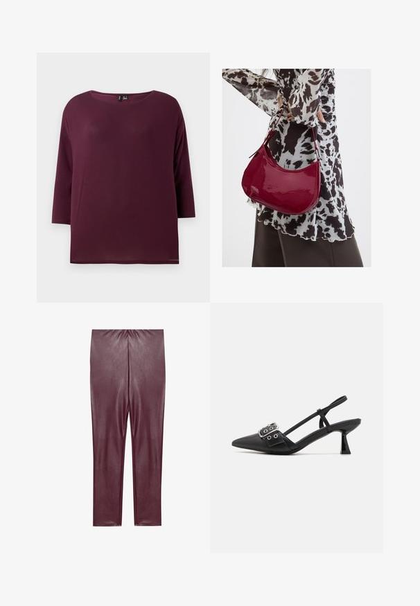 Top burdeos con cuello redondo y mangas tres cuartos, hecho de una tela suave, con un corte holgado y dobladillo recto.; Leggings de cuero sintético burdeos con una textura suave, cintura alta y un diseño ajustado, que llegan hasta los tobillos sin detalles adicionales.; Simmi London DALA - Tacones - black; Mujer con blusa de estampado en blanco y negro sosteniendo un bolso de hombro rojo brillante sobre un fondo liso.