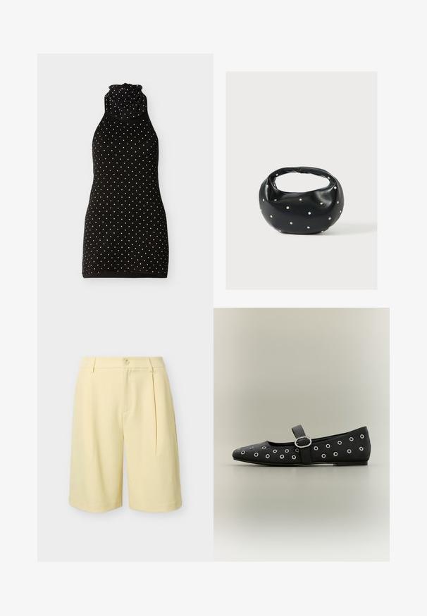 Robe noire sans manches à pois blancs avec un col montant froncé, présentée sur un fond clair uni.; Shorts sur mesure jaune clair avec fermeture à boutons, passants pour ceinture, pli à l'avant et coupe jusqu'aux genoux sur un fond uni.; Chaussure Mary Jane plate noire avec des œillets argentés et une boucle argentée sur la bride, sur un fond neutre.; Sac à main en cuir noir de forme arrondie, décoré de clous argentés et équipé d'une poignée courte. Texture lisse et fermeture éclair.