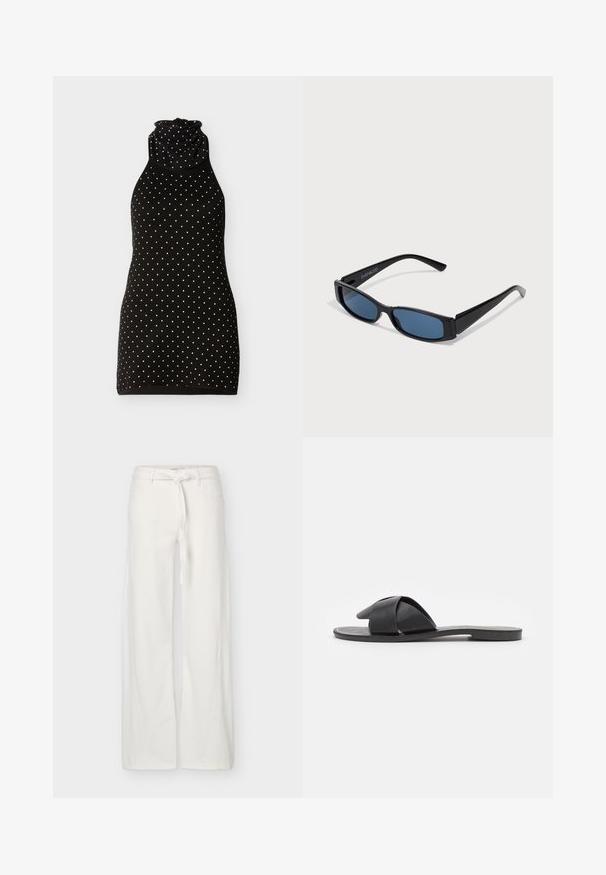 Robe noire sans manches à pois blancs avec un col montant froncé, présentée sur un fond clair uni.; Pantalon blanc à jambes larges avec poches avant et ceinture en tissu nouée à la taille, présenté sur un fond uni.; Sandale noire à enfiler avec des brides croisées. Fabriquée en cuir lisse avec une semelle plate et des coutures minimales. Design simple, à bout ouvert.; Lunettes de soleil noires avec une monture rectangulaire élégante et des verres bleus. Présente une texture lisse et des branches robustes. Logo de la marque sur le côté.
