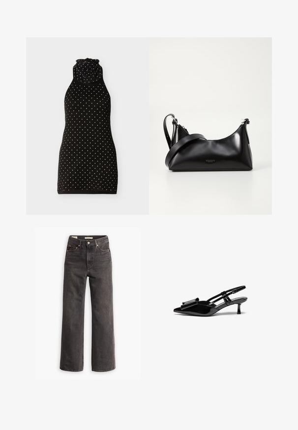Vestido negro sin mangas con lunares blancos y un cuello alto fruncido, mostrado sobre un fondo claro y sencillo.; Jeans de tiro alto y pierna ancha en denim gris oscuro, con bolsillos frontales, remaches de cobre en contraste y un acabado limpio sin adornos.; Zapatos de tacón slingback de charol negro con punta afilada, detalle de lazo en el frente y un pequeño tacón de aguja. Las correas tienen hebillas ajustables.; Bolso de mano de cuero negro con una textura suave. Cuenta con una correa ajustable y un diseño elegante y minimalista con cierre de cremallera.