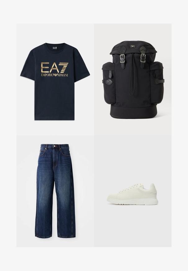 Camiseta de algodón azul marino con un gran logo dorado impreso "EA7" y el texto "EMPORIO ARMANI" en el frontal. Cuello redondo y mangas cortas.; Pantalones vaqueros de pierna ancha en azul oscuro, fabricados en denim. Presentan una cinturilla clásica con trabas para cinturón, bolsillos frontales y una silueta recta.; Zapatilla blanca de cuero con parte superior texturizada, punta redondeada, suela blanca plana y cordones tonales. Marca sutil en la lengüeta.; Mochila negra con dos hebillas frontales, bolsillos laterales y solapa superior, mostrada sobre un fondo claro liso.