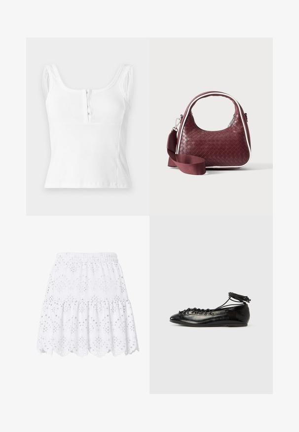 Top court blanc côtelé sans manches avec un décolleté arrondi et des fermetures à agrafes à l'avant sur un fond clair.; Jupe courte blanche à volants avec taille élastique, broderie anglaise et ourlet festonné décoré de motifs floraux.; Ballerines en cuir verni noir avec un bout rond, un design à lacets et une semelle plate. Texture lisse avec peu de détails.; Sac à main en cuir tressé marron foncé avec poignée courbée, garniture blanche, fermeture éclair argentée et bandoulière large en tissu amovible sur fond uni.