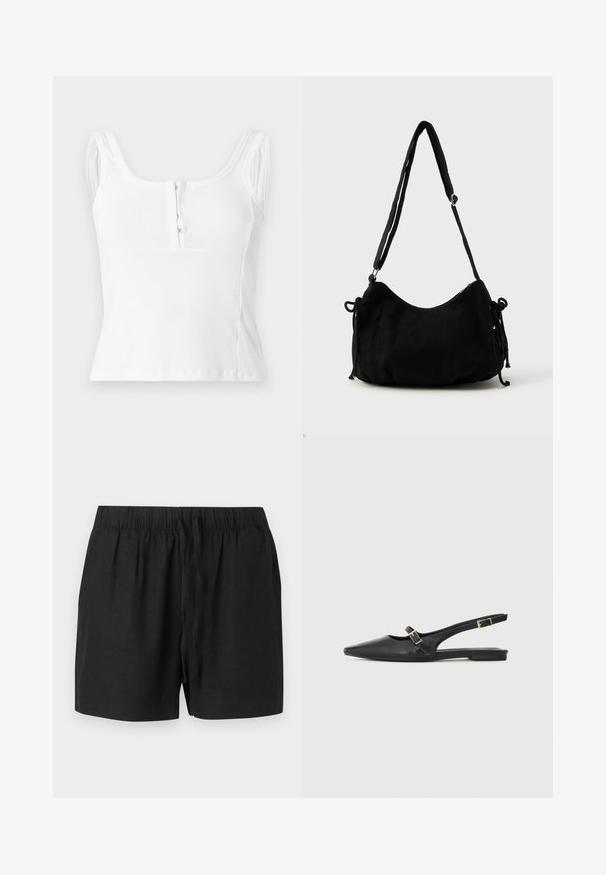 Λευκό ριμπ αμάνικο crop top με στρογγυλή λαιμόκοψη και μπροστινά κούμπωμα με αγκράφες σε ανοιχτό φόντο.; Μαύρα casual σορτς με ελαστική μέση και κορδόνι μπροστά, κατασκευασμένα από ελαφρύ ύφασμα, παρουσιασμένα σε ουδέτερο φόντο.; Μαύρα δερμάτινα παπούτσια με λουράκι πίσω, μυτερή μύτη, με λεπτό λουράκι και ασημένια αγκράφα στο πλάι. Φλατ σόλα.; Μαύρη καπιτονέ τσάντα ώμου με καμπυλωτό σχήμα, ρυθμιζόμενο λουρί και κλείσιμο με κορδόνια και στις δύο πλευρές για ρύθμιση μεγέθους.