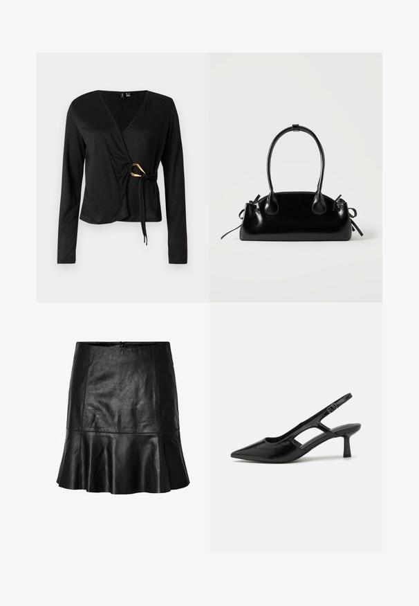 Sort langærmet wrap-top med V-hals, lavet af glat stof. Har en guldfarvet accent i taljen med en bundet detalje.; Sort læder mini nederdel med flagrende kant og synlige sømdetaljer, featuring en lynlås lukning bagpå.; Sorte slingback hæle med spidse tæer, lavet af blankt materiale, med udskæringsdetaljer og en moderat hæl for støtte.; Lille sort blank håndtaske med to lange håndtag og snøre-detaljer i siden på en ensfarvet lys baggrund.