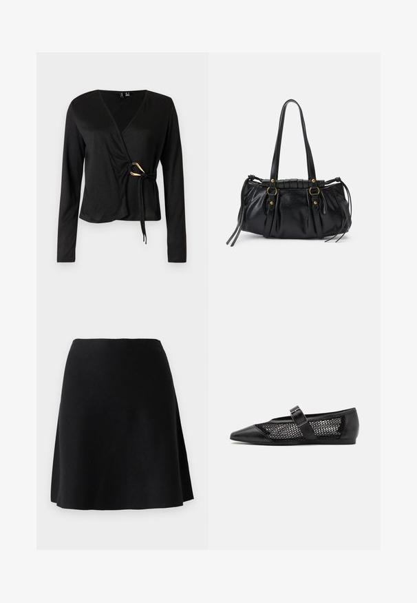 Haut noir à manches longues enroulé avec un décolleté en V, fait de tissu lisse. Présente un accent doré à la taille avec un détail noué.; Jupe en tricot noire au design évasé, avec une texture lisse et une taille, atteignant la longueur des genoux sans fermetures visibles.; Chaussure plate noire avec un bout pointu, panneaux latéraux en maille et une sangle avec une boucle décorative. Fini lisse sur les sections du bout et du talon.; Sac à main en cuir noir avec une forme arrondie, deux poignées, des accents en matériel décoratif et des détails de liens sur les côtés. Texture lisse et brillante.