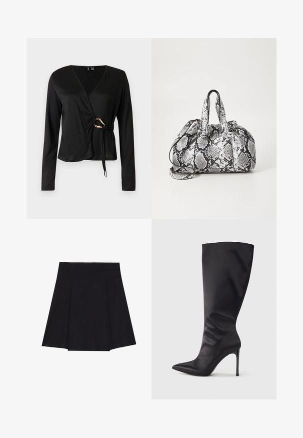 Haut noir à manches longues enroulé avec un décolleté en V, fait de tissu lisse. Présente un accent doré à la taille avec un détail noué.; Jupe patineuse noire en tissu doux, avec une taille ajustée, des plis à l'avant et un ourlet évasé arrivant au genou.; Botte noire haute jusqu'aux genoux en cuir verni lisse et élégant ; bout pointu ; ajustée avec un léger froncé près de la cheville ; talon brillant.; Sac à main en motif peau de serpent noir et blanc avec deux poignées, une fermeture à cordon et une bandoulière amovible. Texture lisse.