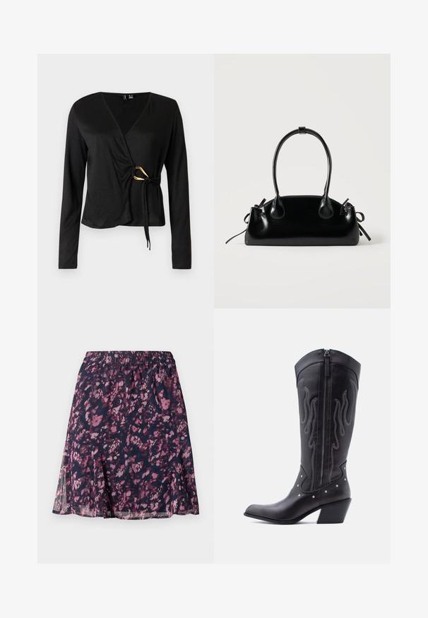 Haut noir à manches longues enroulé avec un décolleté en V, fait de tissu lisse. Présente un accent doré à la taille avec un détail noué.; Jupe marine avec taille élastique, ornée d'un motif floral abstrait rose et violet et d'un ourlet légèrement évasé.; Bottes de cow-boy en cuir noir avec bout pointu, coutures apparentes, ornements à clous argentés et fermeture éclair sur le côté intérieur.; Petit sac à main noir brillant avec deux longues anses et des détails à cordon sur les côtés sur un fond clair uni.