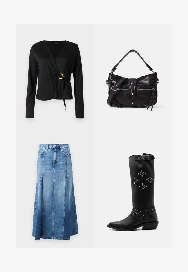 Musthave pikkade varrukatega must v-kaelusega ülerõivas, mis on valmistatud siledast kangast. Vöökohtas on kullavärvi aksessuaar, millel on sidumisdetail.; Denimseelik, millel on helesinisest tumedama sinise gradient, põlve pikkune, sirge lõikega, ees lõhikute ja klassikalise nupule ja tõmbluku kinnitusega.; Mustad nahast keskvasikani saapad hõbedaste naeltega teemantmustrites, pandlapaelad lähedal ülaosas ja pahkluus, madala kaldenurgaga kontsaga.; Even&Odd H24462 - Käekott - black