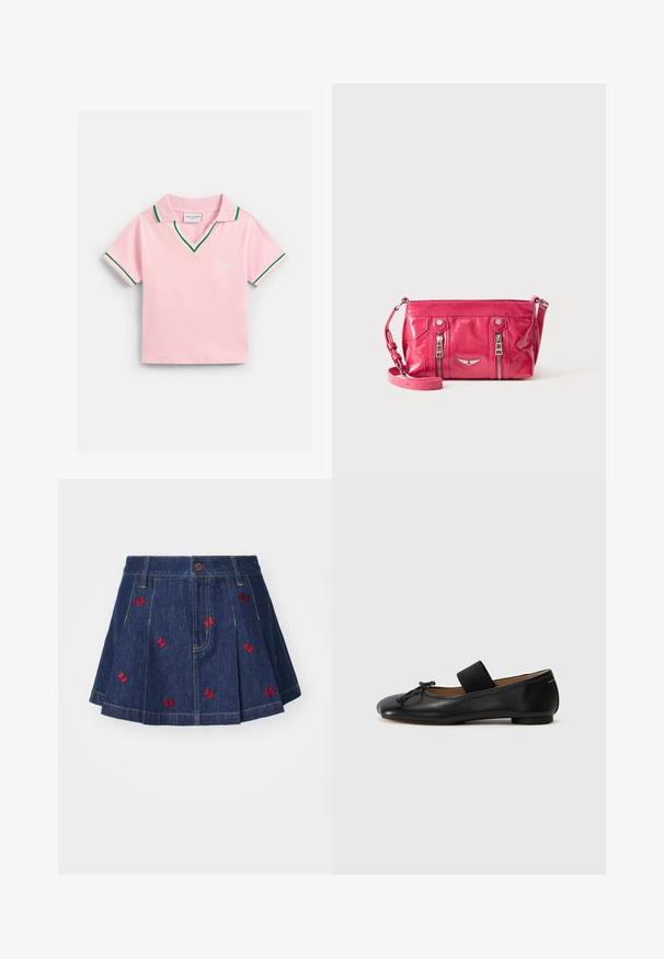 Polo rosa de manga corta con ribete verde y blanco en el cuello y las mangas, con el texto "Juicy" bordado en el pecho.; Falda de mezclilla con pliegues y un lavado oscuro, con detalles de mariposas bordadas en rojo y un clásico diseño de cinco bolsillos con cierre de botón frontal.; Bailarinas de cuero negro con punta redondeada, un pequeño detalle de nudo y una correa elástica en el empeine para un ajuste seguro. Suela plana.; Pequeña bolsa bandolera rosa brillante con dos bolsillos verticales con cremallera y una correa ajustable, presentada sobre un fondo liso.