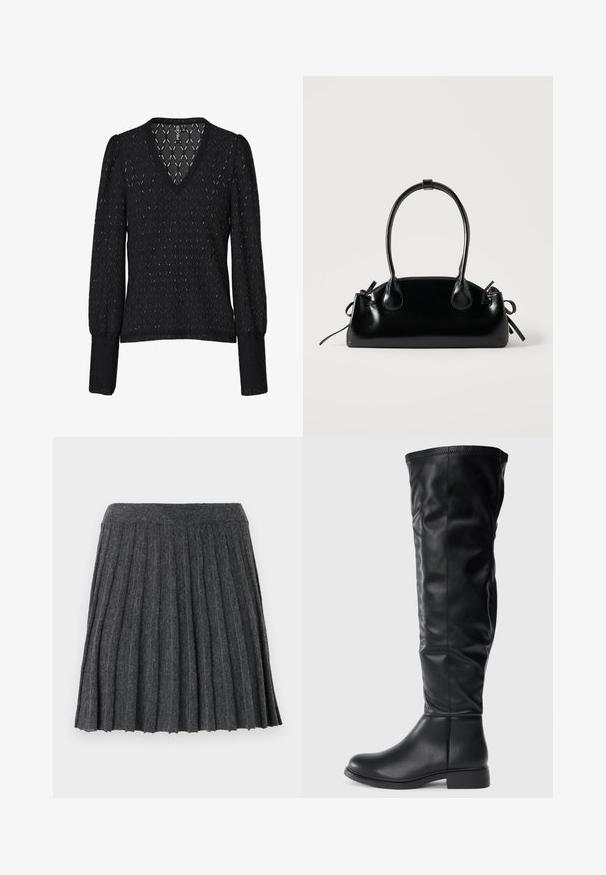 Zwarte V-hals blouse met lange pofmouwen, gemaakt van getextureerd kant met een diamantpatroon. Zacht, lichtgewicht materiaal met een aangesloten pasvorm.; Vero Moda Knitted VMMARINA Short - Minirok - dark grey; Zwarte kniehoge laarzen van glad leer, met een ronde neus, een lage blokhak en een iets slappe schacht met stikseldetails.; Kleine zwarte glanzende handtas met twee lange hengsels en zijkant trekkoord details op een effen lichte achtergrond.