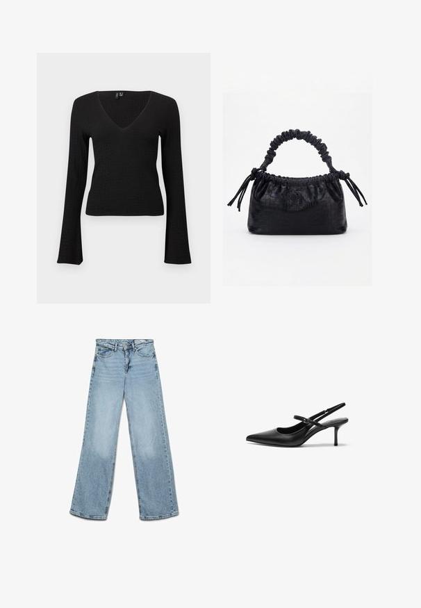 Sort, tætsiddende top med lange ærmer i tekstureret stof og V-udskæring, med let udvidede ærmer og kort skæring.; Lyseblå højtaljede jeans med vide ben, knap- og lynlås-lukning, for- og baglommer samt bæltestropper.; Sorte læder slingback hæle med spids tå, slank justerbar rem og en stiletto hæl på cirka 5 cm, glat tekstur.; Sort taske med krokodilletekstur, rynket øverste kant, samlet hank og snore med kvaster på hver side mod en hvid baggrund.