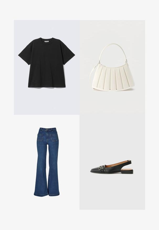 T-shirt noir à manches courtes avec col rond et étiquette "WEEKDAY" sur le col, posé à plat sur un fond gris clair.; Jean en denim bleu taille haute avec jambes évasées larges, poches plaquées à l'avant, passants de ceinture et fermeture par bouton.; Chaussure en cuir noir à talon slingback, avec un bout pointu, deux boucles en métal argenté décoratives, un talon plat et une texture lisse.; Sac à épaule blanc plissé avec poignée supérieure incurvée et bandoulière détachable, orné d'un logo en relief subtil sur le devant.