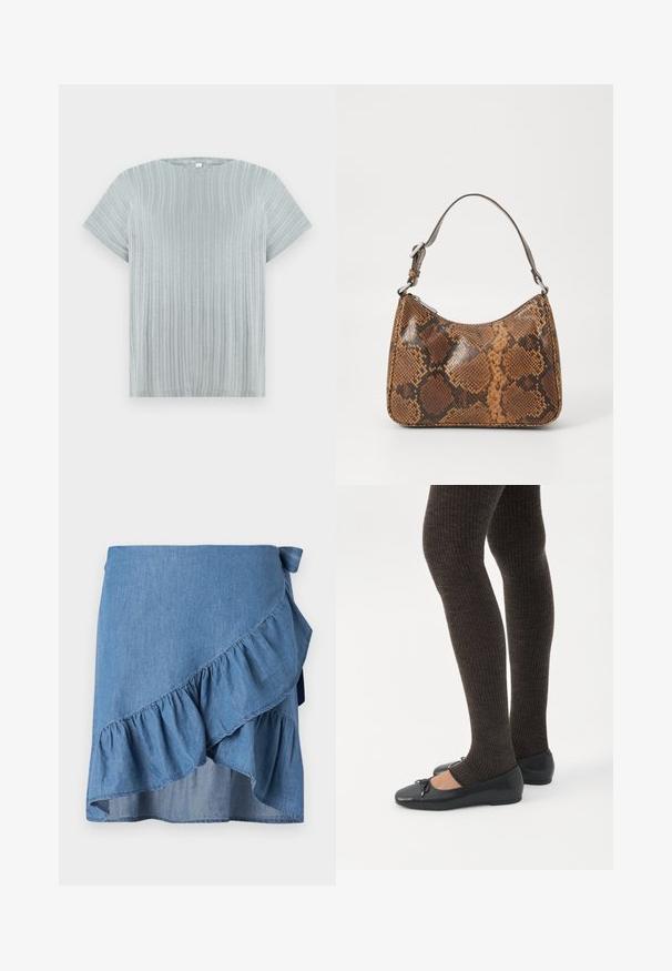 Haut gris clair à manches courtes avec une texture côtelée et un col rond, doté de rayures verticales sur le tissu.; Jupe portefeuille en denim bleu clair, avec un ourlet à volants et un détail à nouer à la taille. Texture lisse et silhouette fluide.; Jambes portant des leggings côtelés foncés associés à des ballerines noires avec de petits détails en nœud sur fond blanc.; Petit sac à main avec un motif en peau de serpent marron et noir, courroie courte et ajustable, et fermeture éclair.