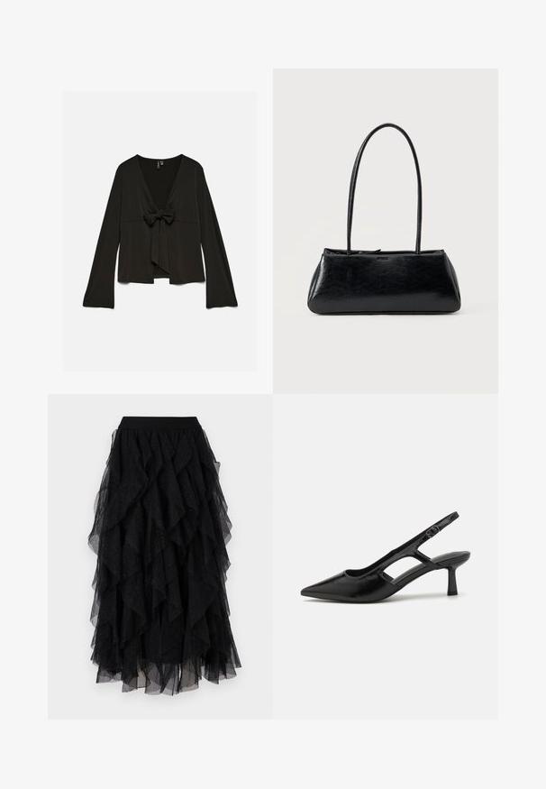Blusa negra de manga larga con escote en V profundo y detalle de lazo frontal, ajuste holgado y mangas ligeramente acampanadas.; Falda de tul negra con volantes en capas, textura suave y sutiles acentos de purpurina. Cintura elástica para un ajuste cómodo.; Tacones de slingback negros con punta afilada, hechos de material brillante, que presentan acentos recortados y un tacón moderado para mayor soporte.; Bolso de hombro rectangular negro con correas largas y delgadas y una textura lisa y brillante sobre un fondo liso.